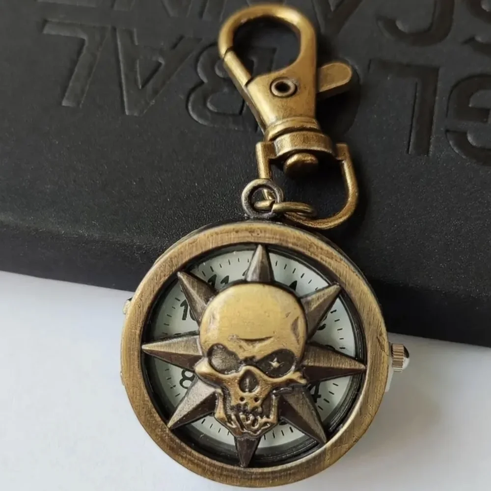 New Cartoon Skull Engraved Pocket Watch Hollow Vintage Bronze Keychain